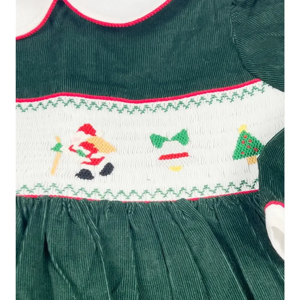 Vintage NWT Carriage Boutiques 2T Green Christmas Smocked Corduroy Dress Santa